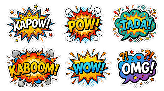 Explosion comic stickers featuring kapow pow tada kaboom wow omg.