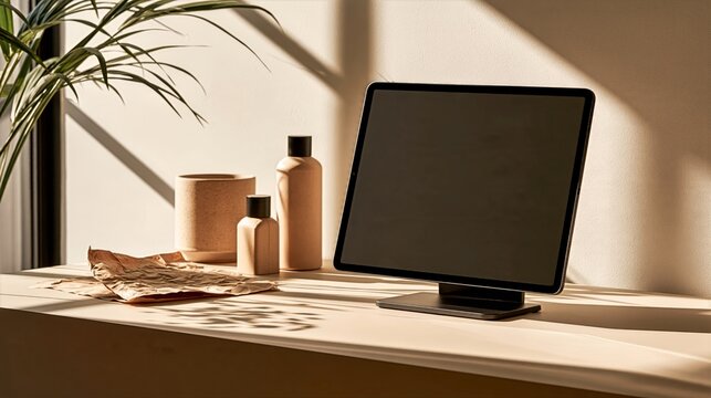 Tablet Stand with Sustainable Packaging on a Sunlit Office Surface