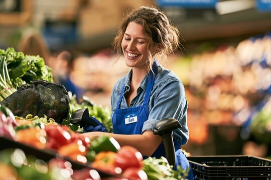 Grocery worker checking fresh produce quality before stocking shelves
