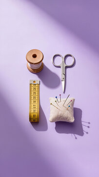 flat lay of a thread spool, scissors, yellow measuring tape and a pin cushion on a lavender background with soft shadows, vertical sewing photo, conceptual handmade craft and tailoring hobby concept