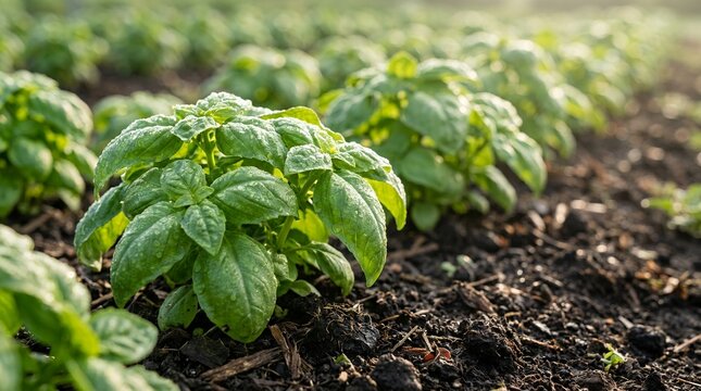 Rows of Fresh Green Basil Plants Growing in a Garden Field.