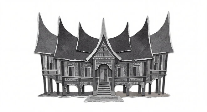 Traditional Indonesian Rumah Gadang House Ripped Paper Craft Illustration Isolated on White Background, Monochrome Torn Paper Heritage Architecture