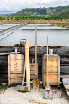 Wooden tools at traditional salt evaporation ponds in Piran saltworks, Strunjan landscape park in Slovenia