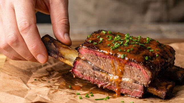 Hand holding glazed barbecue beef short rib on butcher paper   