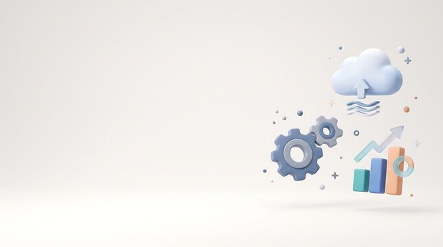 Minimalist 3D cloud computing icon set, modern pastel cloud storage and business data analytics concept, floating gear wheels and growth chart on beige background