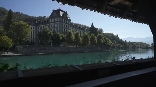 View of Kunstmuseum Thun from Obere Schleuse bridge on sunny morning during summer, Thun, Bernese Alps, Switzerland