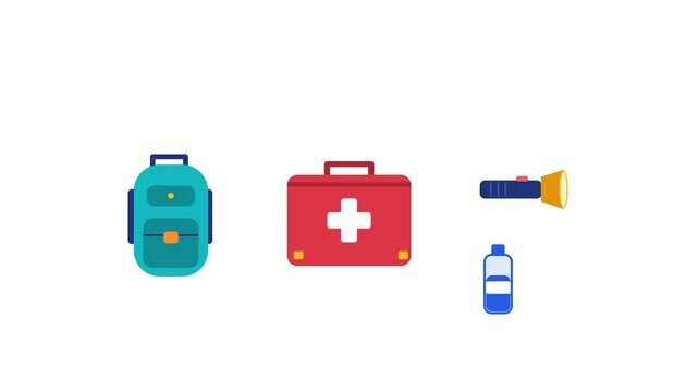 Emergency Preparedness First Aid Kit Flashlight Water Bottle Backpack Whistle Supplies Shield Flat Minimalist Vector high quality professional