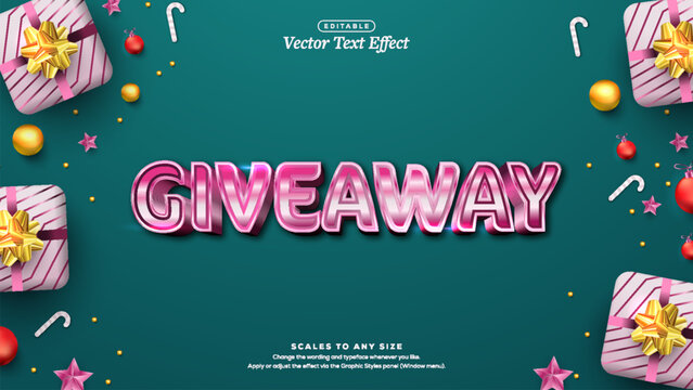 Glossy 3d illustration pink metallic giveaway text effect with christmas gift boxes, candy canes and gold baubles on teal background