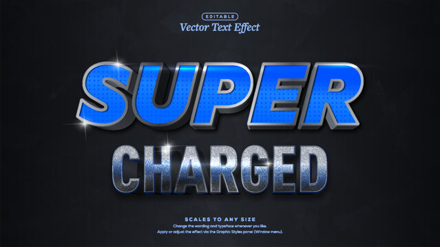 Glossy 3d illustration super charged glossy blue and metallic silver 3d lettering with sparkles on dark textured background