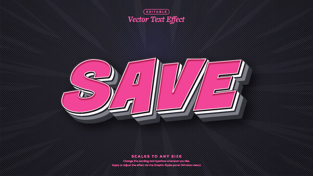 Pink save 3d text effect with white outline and gray extrusion on dark halftone background with radiating rays