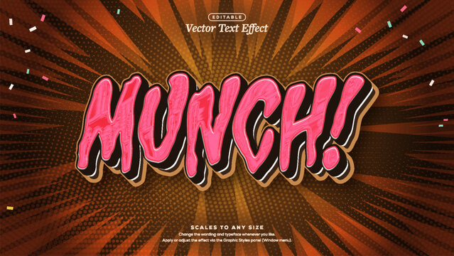 Munch vector text effect in glossy pink letters with black 3d extrusion over orange comic burst and halftone dots