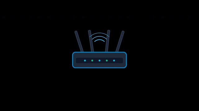 Modern fiber optic network router with articulated antennas and active LED indicator lights gently floating against dark background
