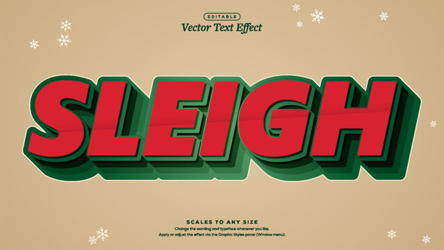 Sleigh red 3d lettering with green layered extrusion and snowflakes, christmas text effect vector illustration