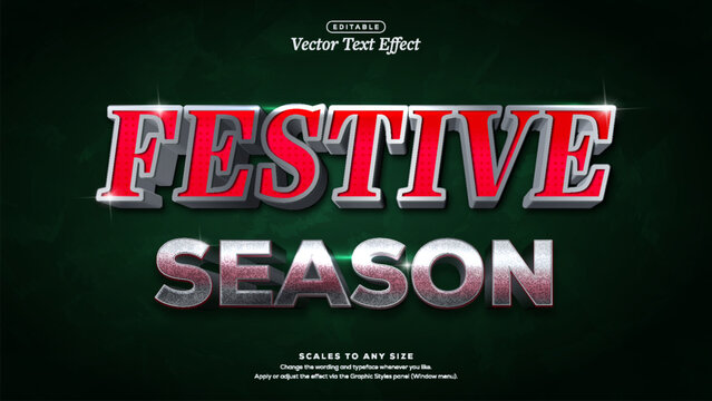 Glossy 3d illustration festive season red serif and silver chrome beveled lettering text effect with christmas sparkles on dark green background