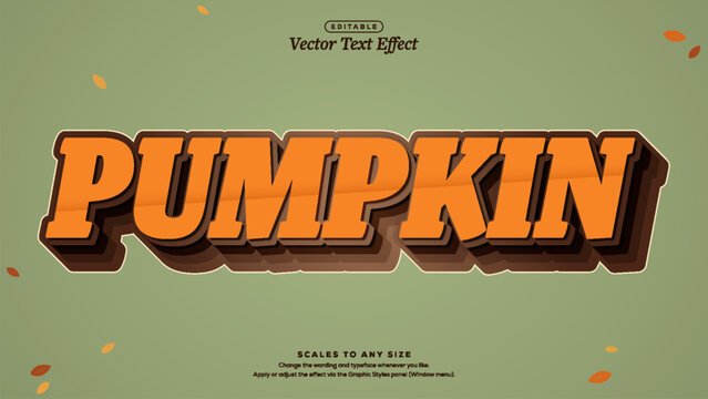 Orange slab serif pumpkin lettering with brown layered extrusion and scattered autumn leaves vector text effect