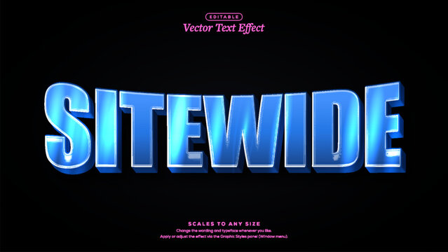 Glossy 3d illustration sitewide glossy blue 3d lettering with beveled edges and light reflections on black background, vector text effect