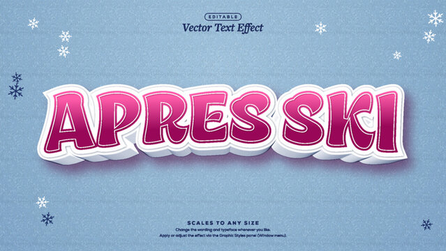 Apres ski pink 3d lettering with white extruded edges and snowflakes on textured light blue winter background, vector text effect