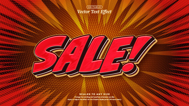 Red sale lettering in glossy 3d text effect over orange comic burst background with halftone dots