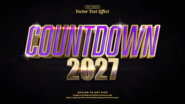 Glossy 3d illustration new year countdown 2027 text in purple and gold beveled metallic letters with sparkles on dark background