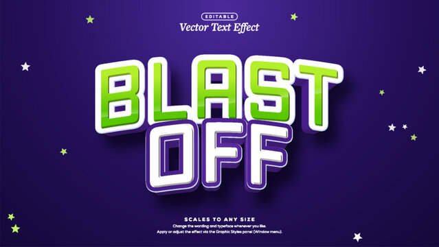 Glossy 3d illustration blast off glossy green and white 3d lettering with purple outline and scattered stars on purple background