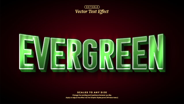 Glossy 3d illustration evergreen glossy green 3d block letters with extruded depth and bright highlights on dark red background