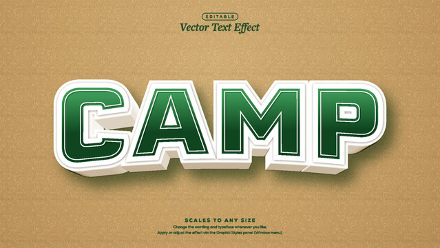 Green camp lettering with white outline and cream 3d extrusion on tan textured background, vector text effect