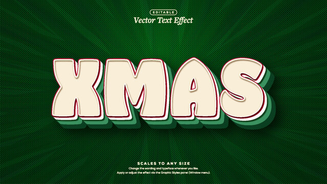 Xmas cream lettering with red outline and green layered 3d extrusion over dark green halftone rays vector text effect