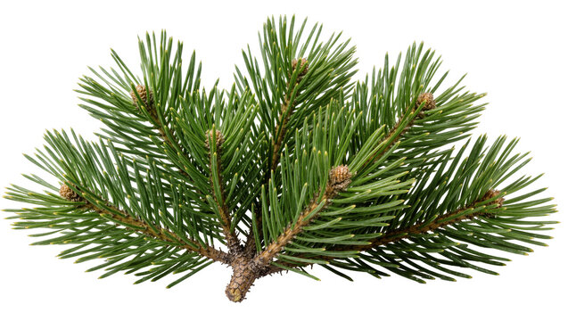 Green pine branch with small cones, isolated on transparent background