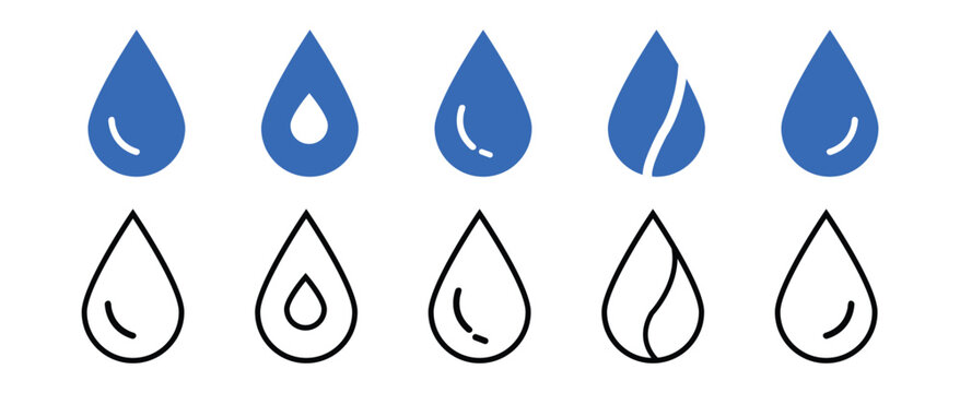 Water drop icon set, blue solid and black outline droplet symbols with gloss highlight, inner drop and wave split. Ten teardrop pictograms for web, app, eco, spa and liquid design. Vector.