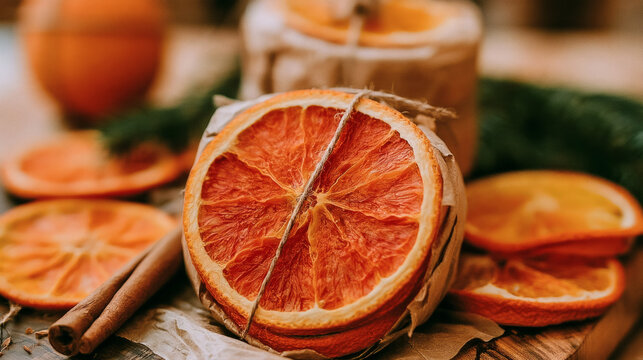Rustic Christmas Gift Wrapped with Dried Orange Slice and Twine Surrounded by Cinnamon Sticks