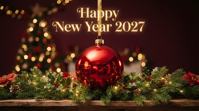 A vibrant and festive depiction of the upcoming year 2027 celebrating the joyous occasions of christmas and new year with sparkling lights and a warm