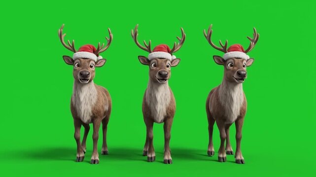 Three cute cartoon reindeer wearing Santa Claus hats isolated on a bri