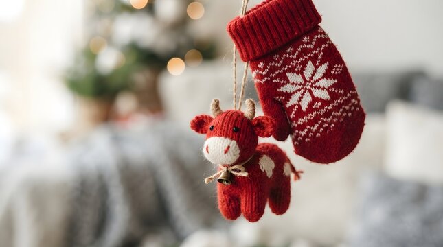 A beautifully decorated christmas stocking filled with festive treats and small gifts hangs elegantly against a blurred backdrop of holiday cheer symbolizing the joy and