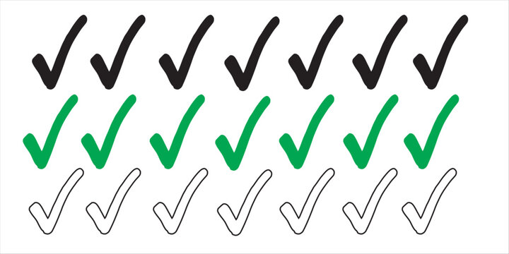 Rows of hand drawn check marks in black and green with scribbled lines