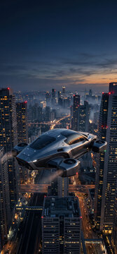 Futuristic Flying Car City Skyline