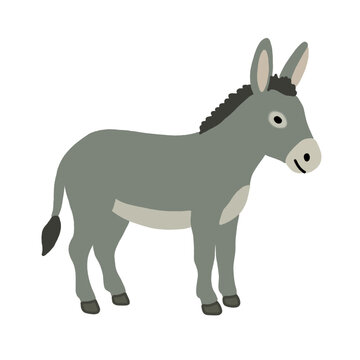 Cute cartoon grey donkey standing, minimalist farm animal vector illustration isolated on black background