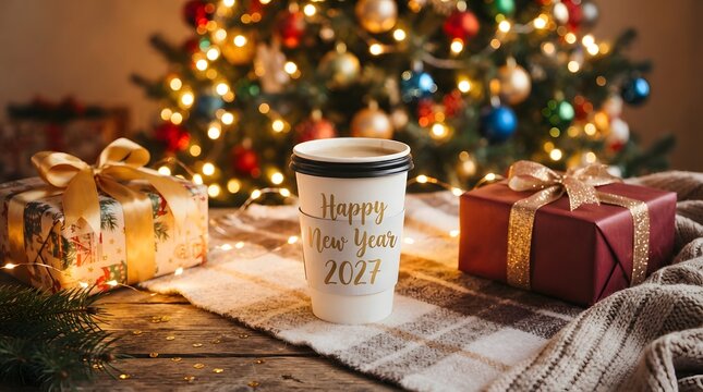 A cozy christmas and new year scene featuring a festive decorated tree twinkling lights gift boxes a warm beverage in a disposable cup and a