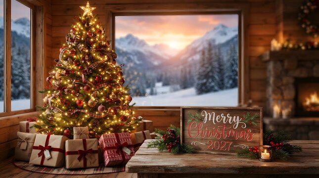 A heartwarming christmas scene featuring a beautifully decorated tree a cozy fireplace and a snowy winter landscape visible through a large window evoking feelings of