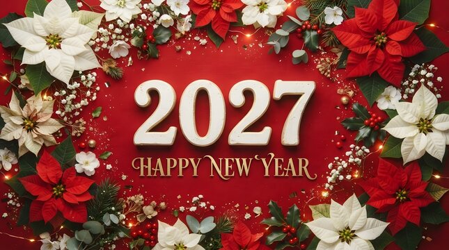 A vibrant and festive image celebrating the upcoming year of 2027 adorned with beautiful poinsettias and a warm inviting christmas and new year's atmosphere radiating