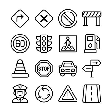 Road Traffic Signs and Transportation Safety Line Art Icon Set
