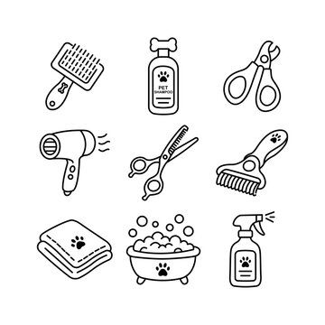 Pet Grooming Tools and Bathing Supplies Line Art Icon Set