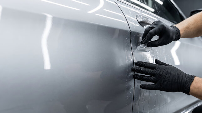 Detailing master applying paint protection film on car door panel