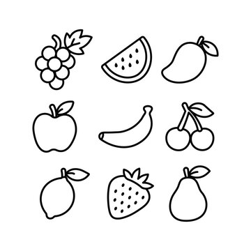Cute Fruit Outline Collection Vector Set, Hand Drawn Tropical and Fresh Fruit Icons