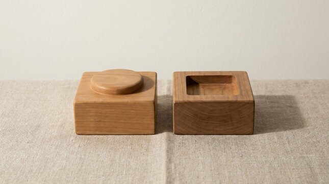 Natural wooden soap dish with matching lid on beige linen fabric, minimalist Scandinavian home decor product photography with soft natural lighting and neutral tones