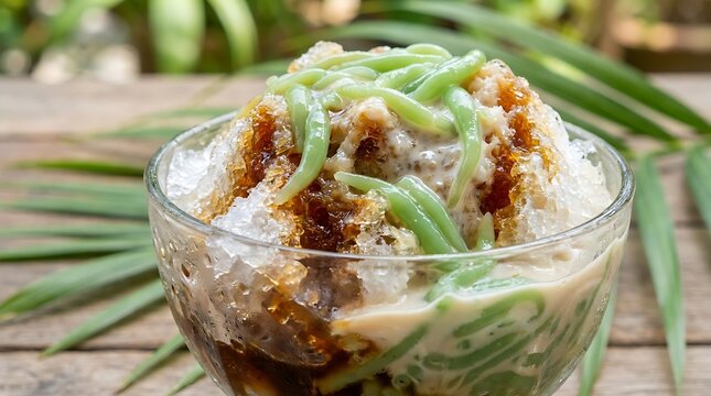 Traditional indonesian cendol dessert in a glass bowl with coconut milk and palm sugar syrup. Malaysian Cuisine