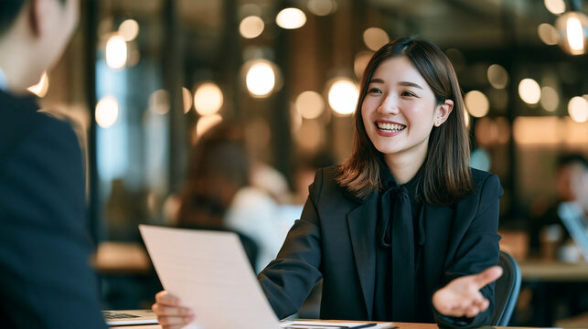 A young Asian woman requesting unpaid leave from her manager, waist-up shot, warm office lighting, documents visible, candid business photography