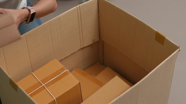 Home organization as a woman arranges household boxes