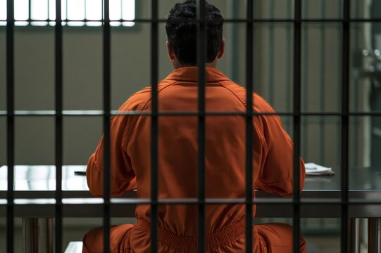Prison inmate sitting behind bars in an orange jumpsuit