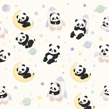 Cute Panda Space Seamless Pattern with Crescent Moons, Planets and Stars

