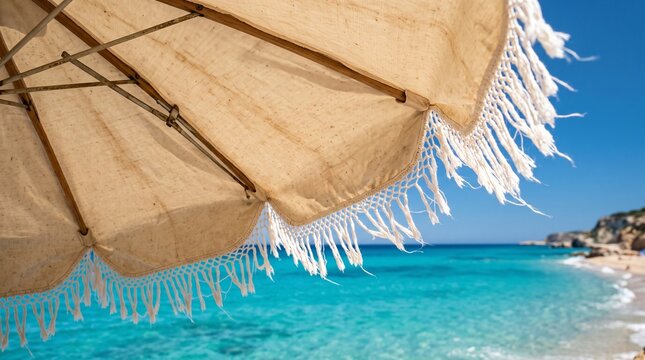 Vintage Fringed Beach Parasol Canopy Fluttering in Sea Breeze